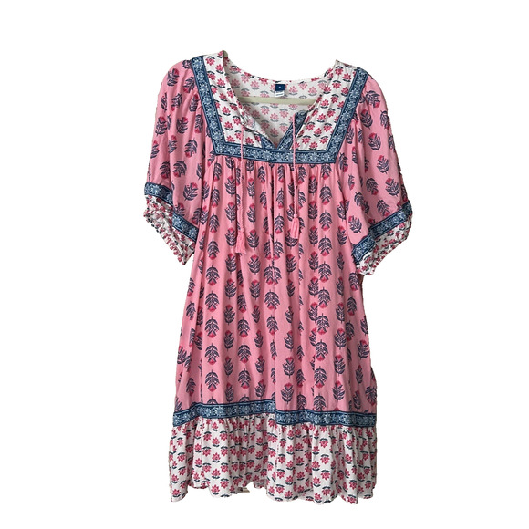 Old Navy Boho Dress Pink Blue Sz XL Peasant Short Ruffle Puff Sleeve - Picture 1 of 6
